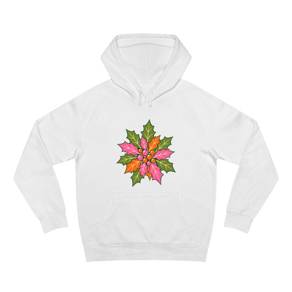 Retro Pink Holly Leaves personalised Christmas hoodie in white