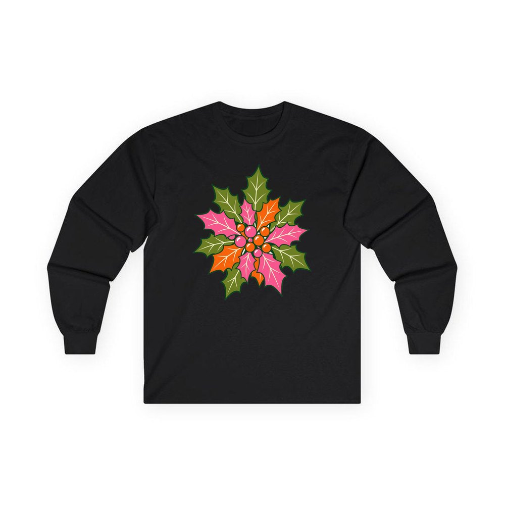 Retro Pink Holly Leaves personalised long sleeve Christmas T-shirt in black