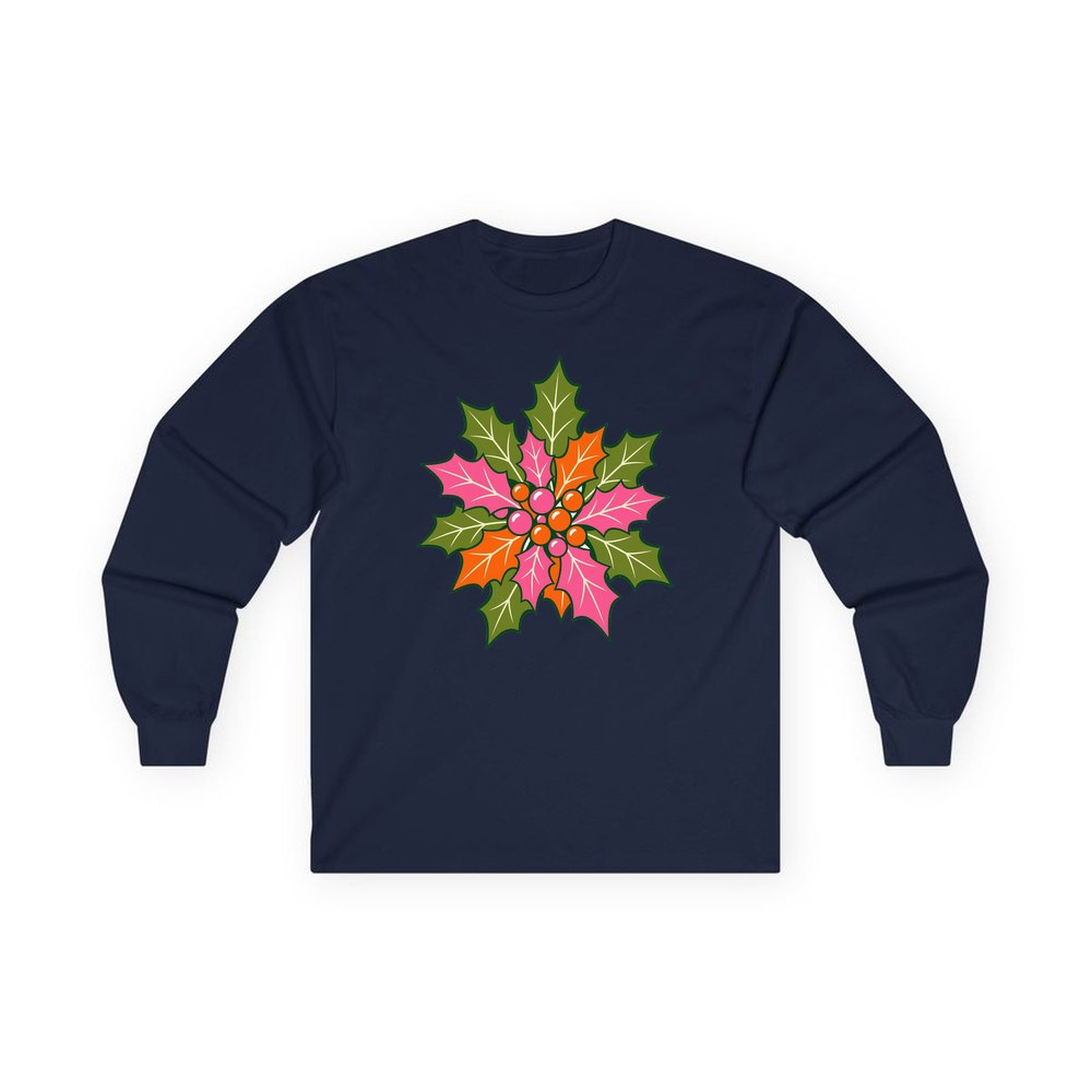 Retro Pink Holly Leaves personalised long sleeve Christmas T-shirt in navy