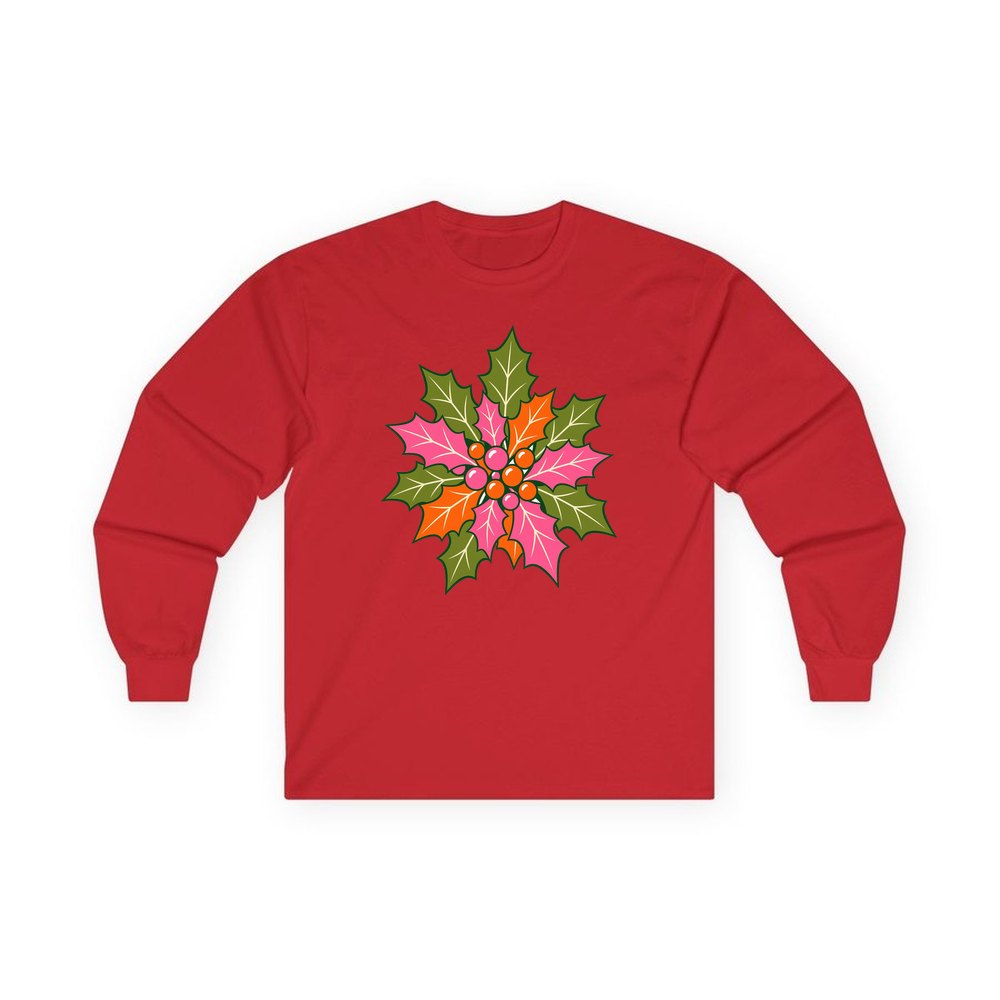 Retro Pink Holly Leaves personalised long sleeve Christmas T-shirt in red