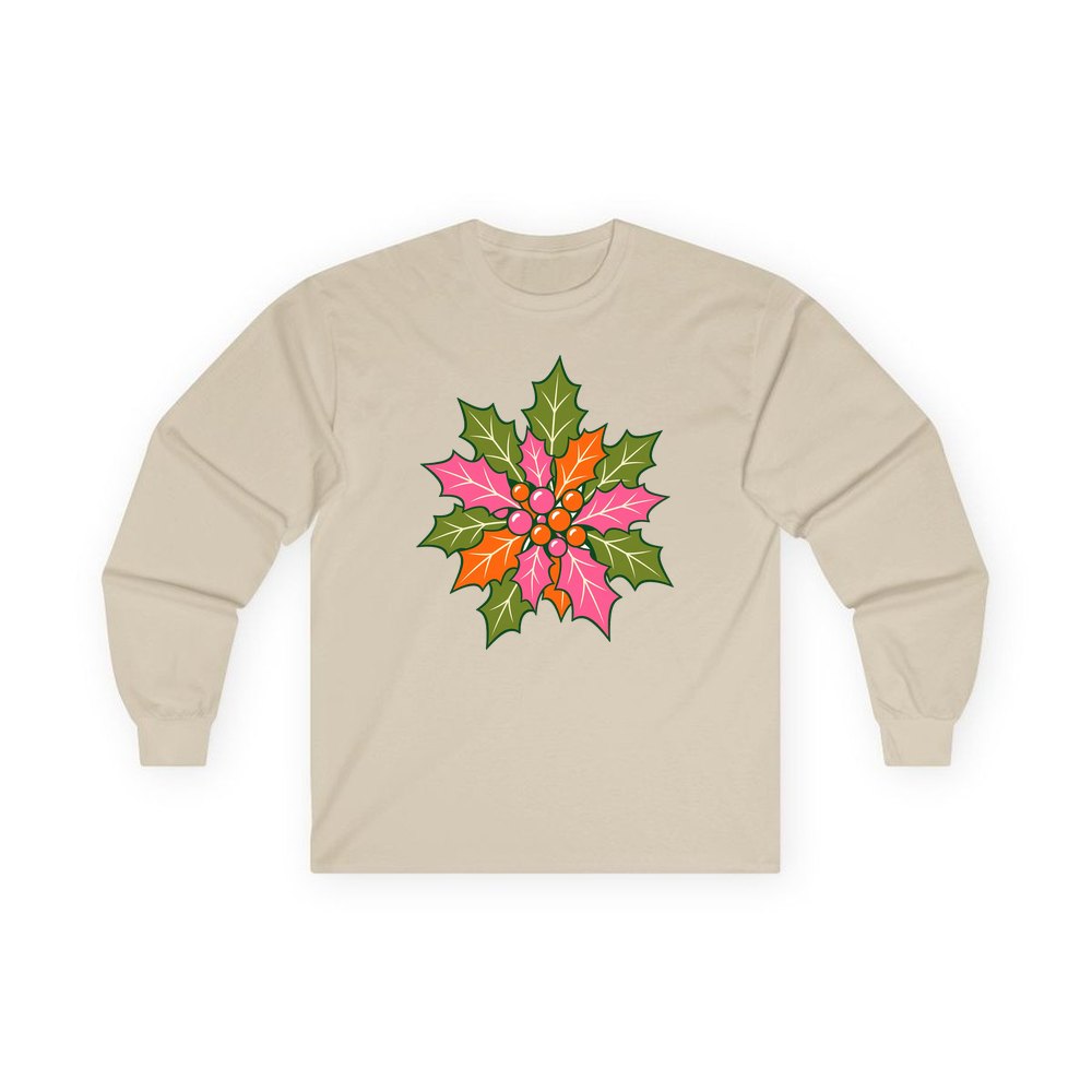 Retro Pink Holly Leaves personalised long sleeve Christmas T-shirt in sand