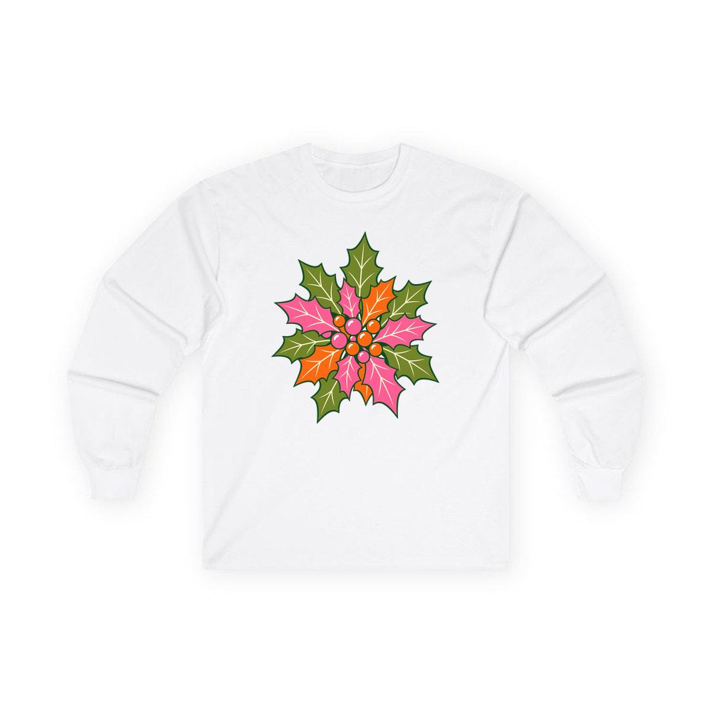 Retro Pink Holly Leaves personalised long sleeve Christmas T-shirt in white