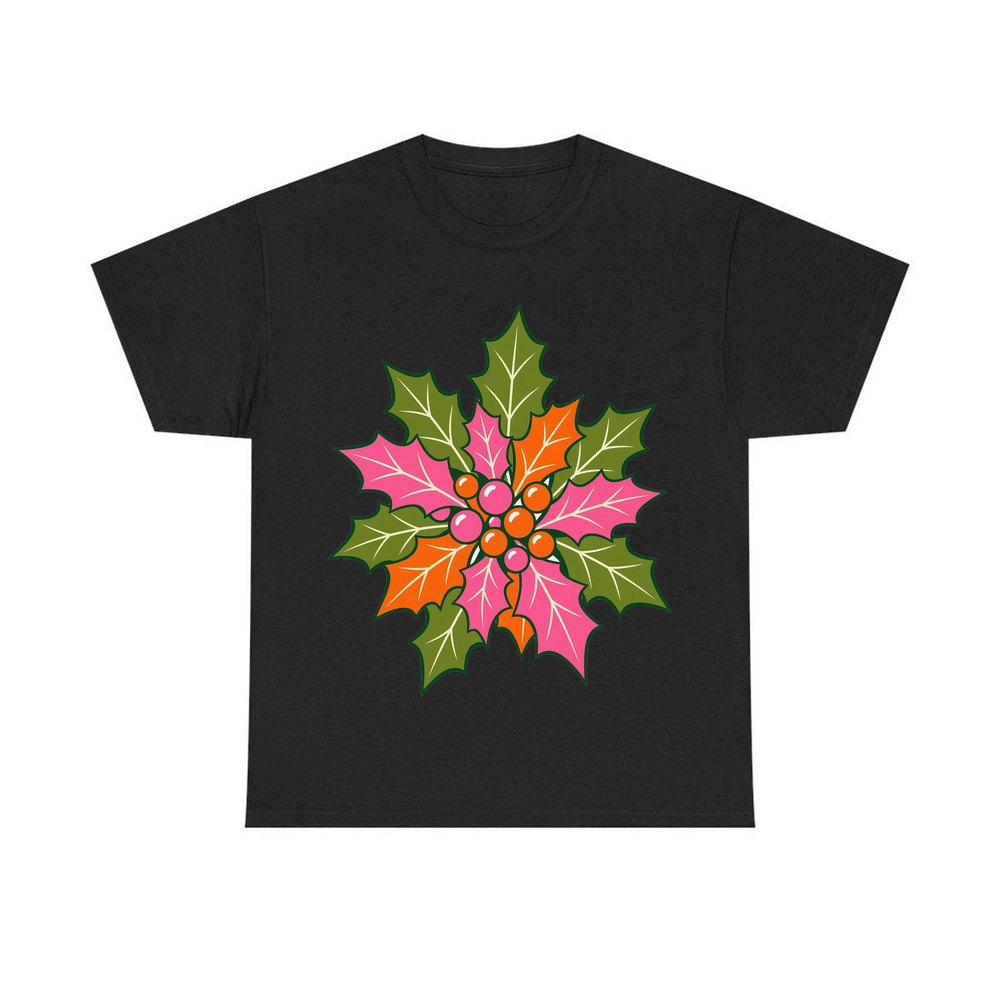 Retro Pink Holly Leaves personalised Christmas T-shirt in black