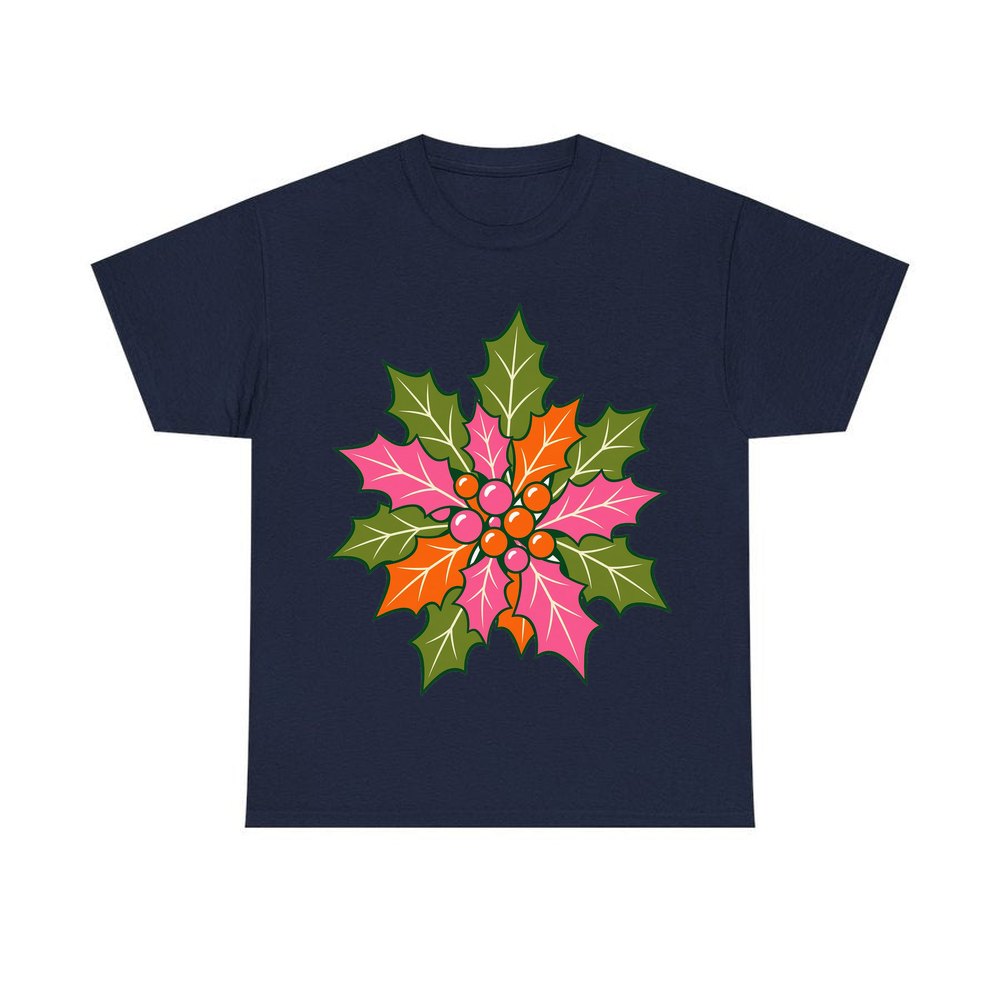 Retro Pink Holly Leaves personalised Christmas T-shirt in navy