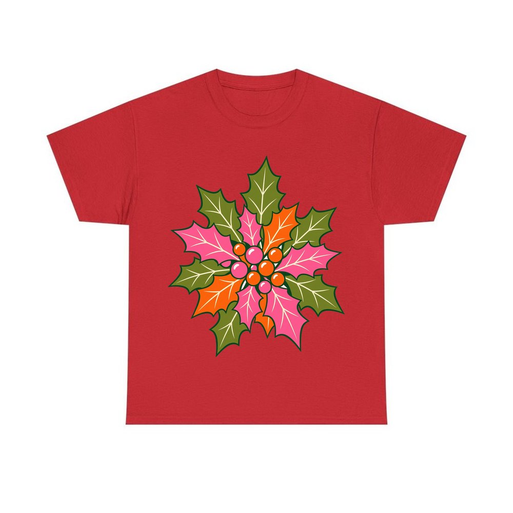 Retro Pink Holly Leaves personalised Christmas T-shirt in red