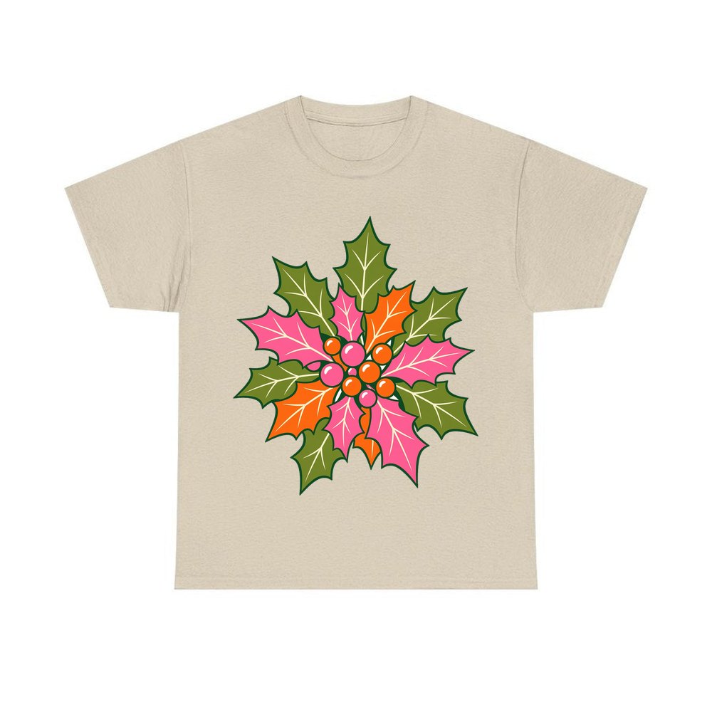 Retro Pink Holly Leaves personalised Christmas T-shirt in sand