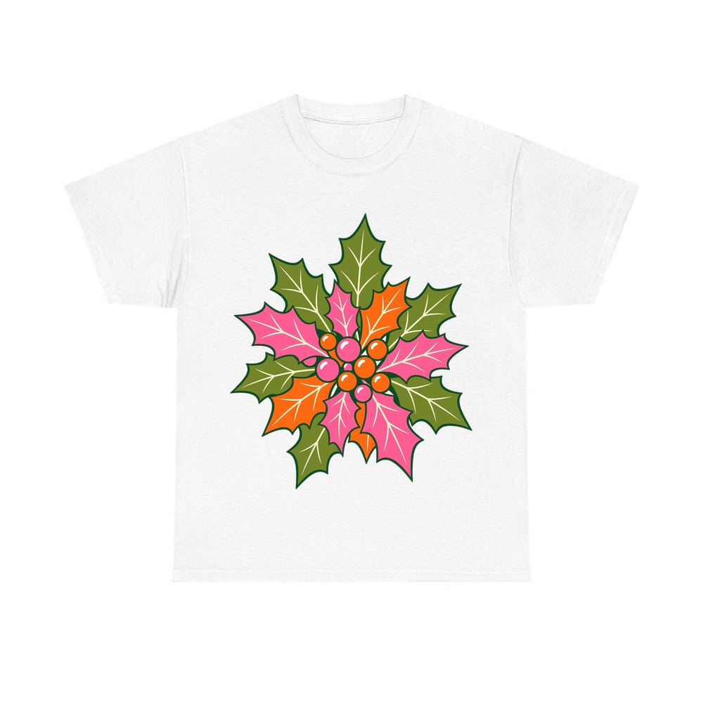 Retro Pink Holly Leaves personalised Christmas T-shirt in white