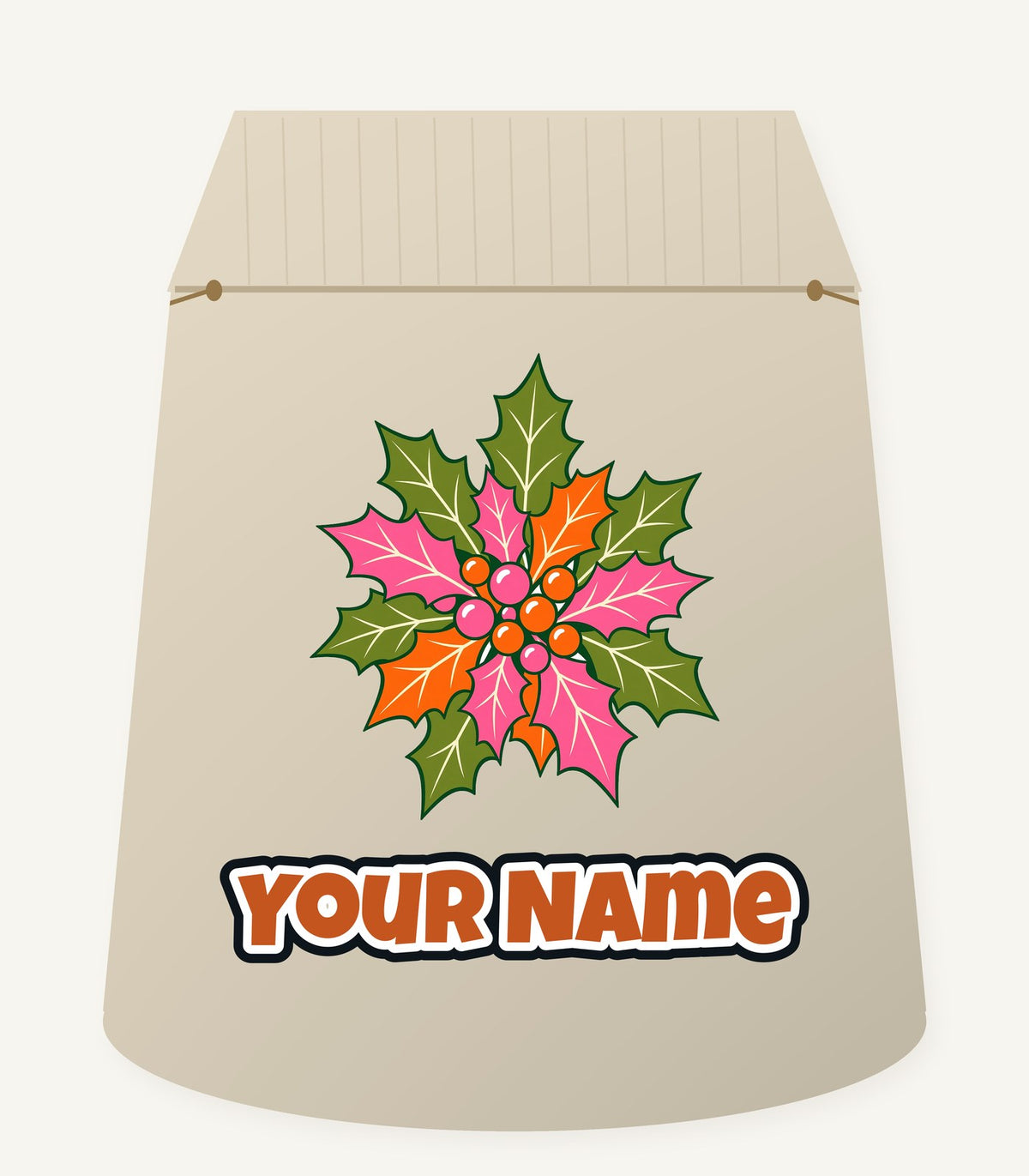 Retro Pink Holly Leaves Personalised Santa Sack