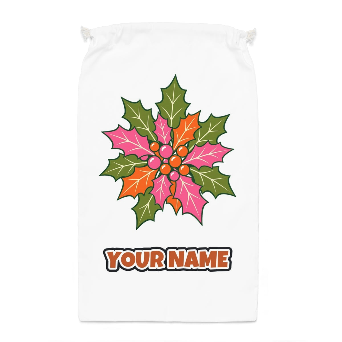Retro Pink Holly Leaves Santa sack laid flat, showing the full print