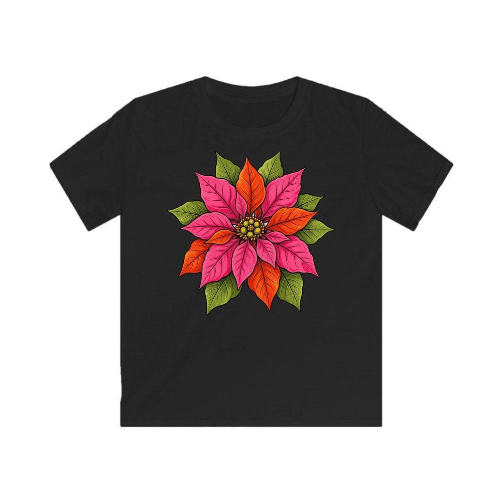 Retro Pink Poinsettia Bloom personalised kids Christmas tee in black