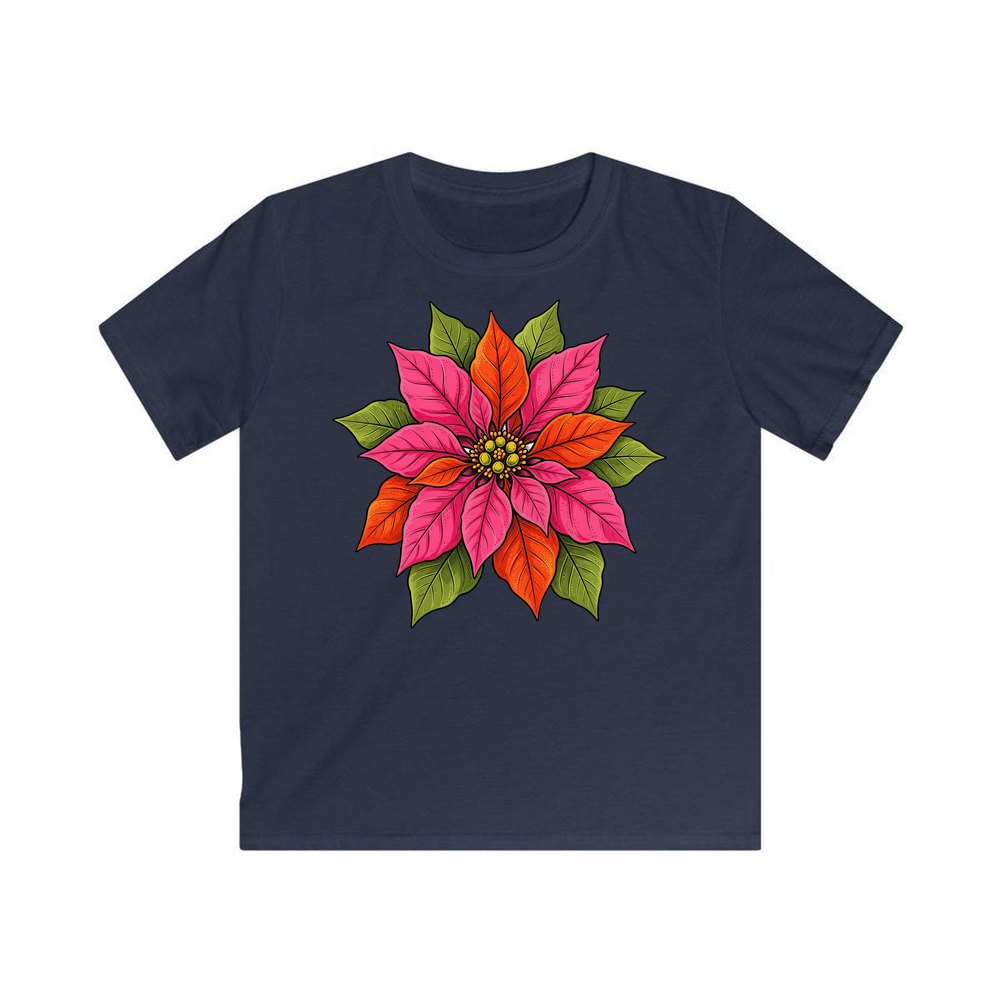 Retro Pink Poinsettia Bloom personalised kids Christmas tee in navy