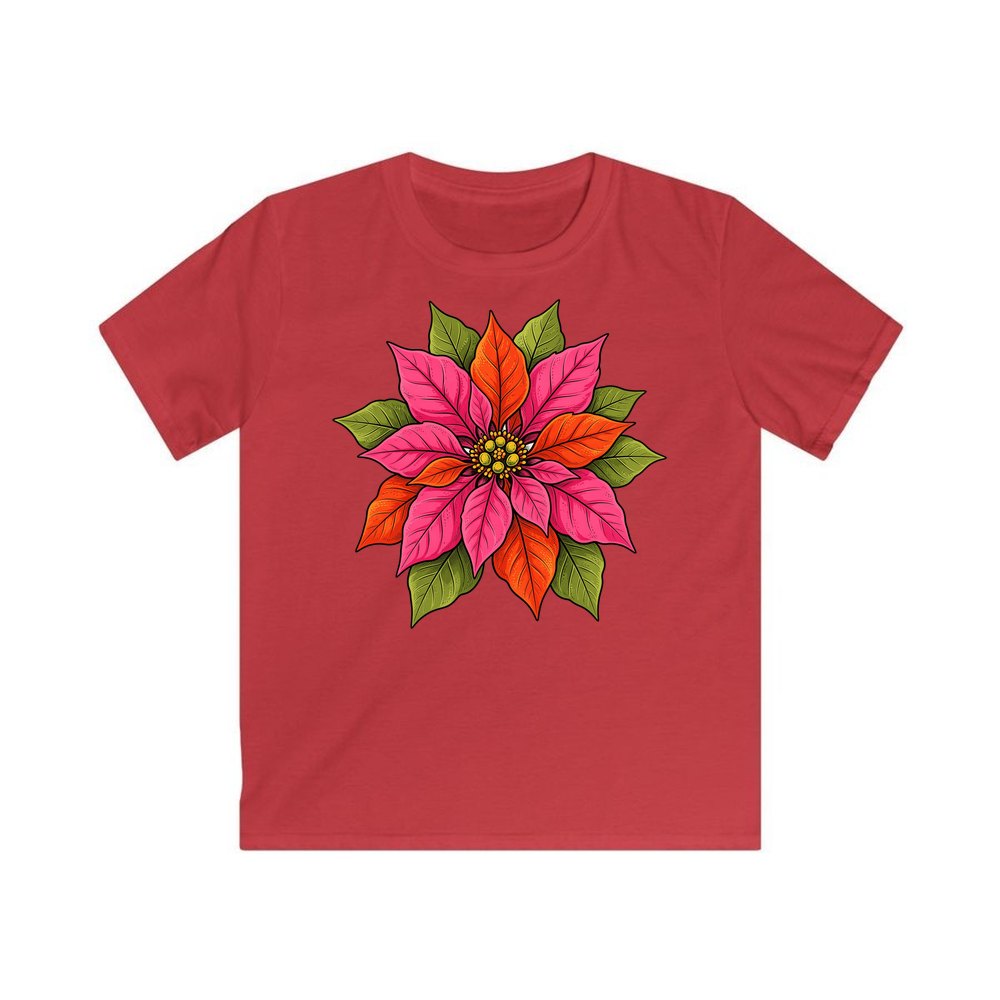 Retro Pink Poinsettia Bloom personalised kids Christmas tee in red