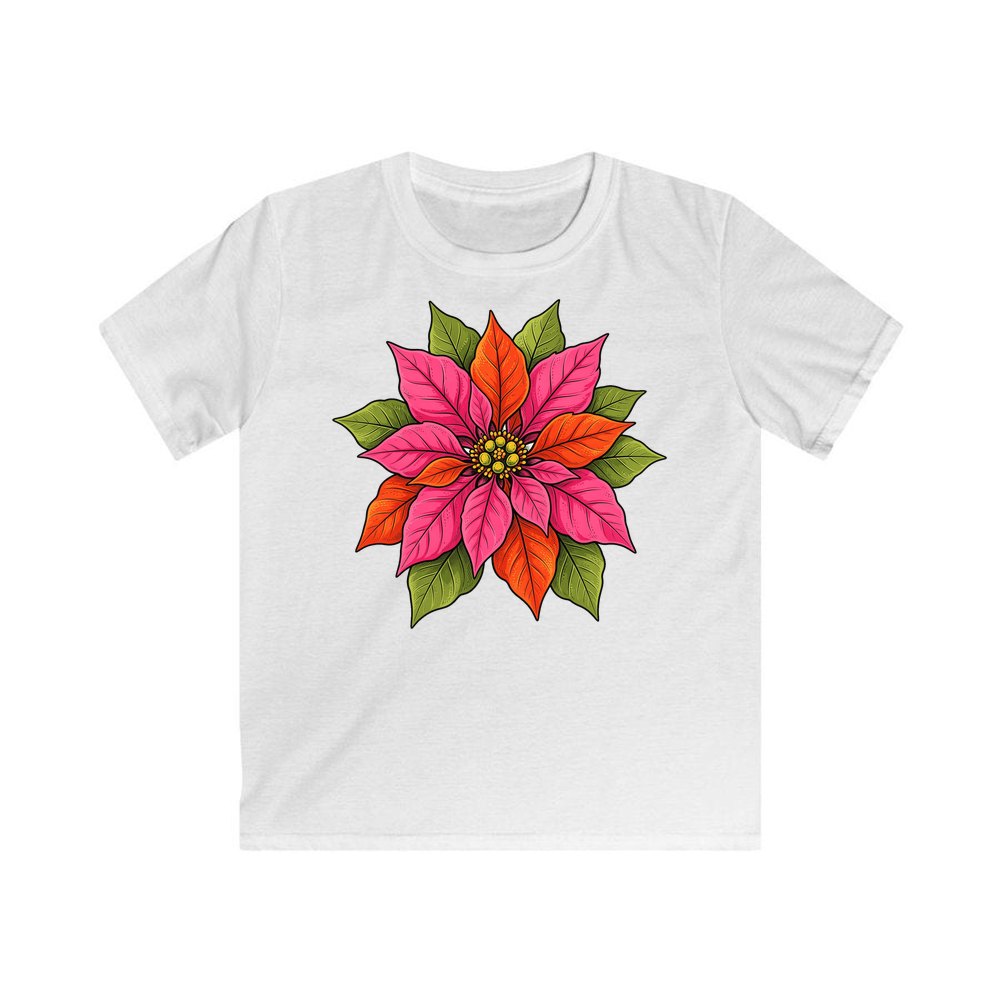 Retro Pink Poinsettia Bloom personalised kids Christmas tee in white