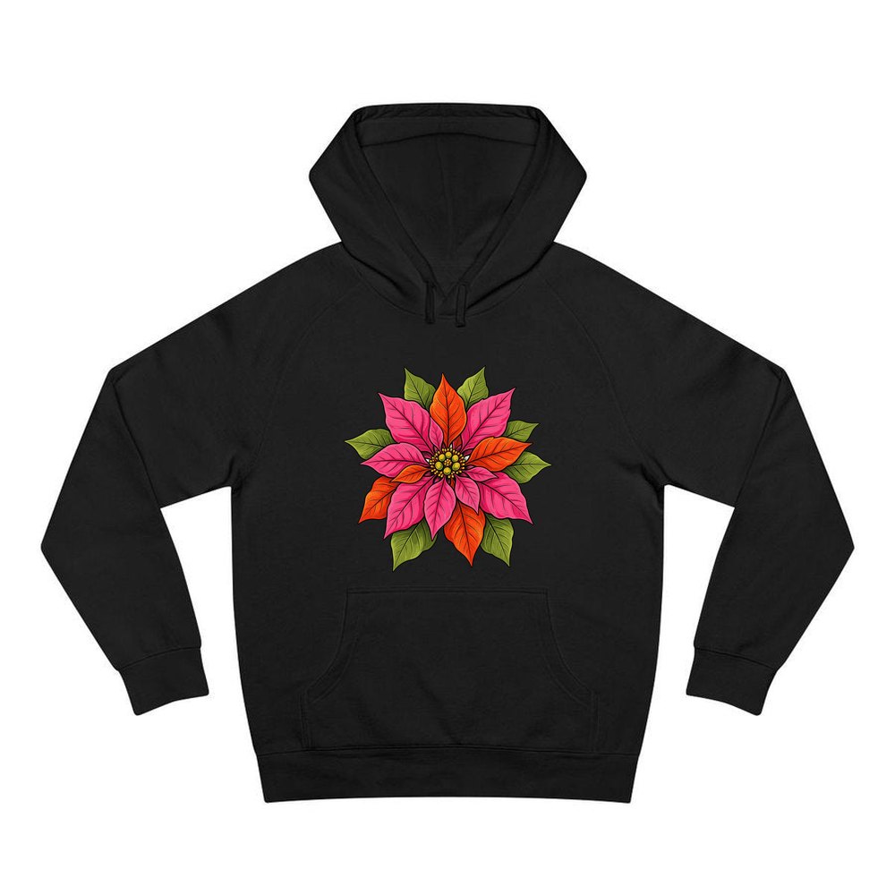 Retro Pink Poinsettia Bloom personalised Christmas hoodie in black