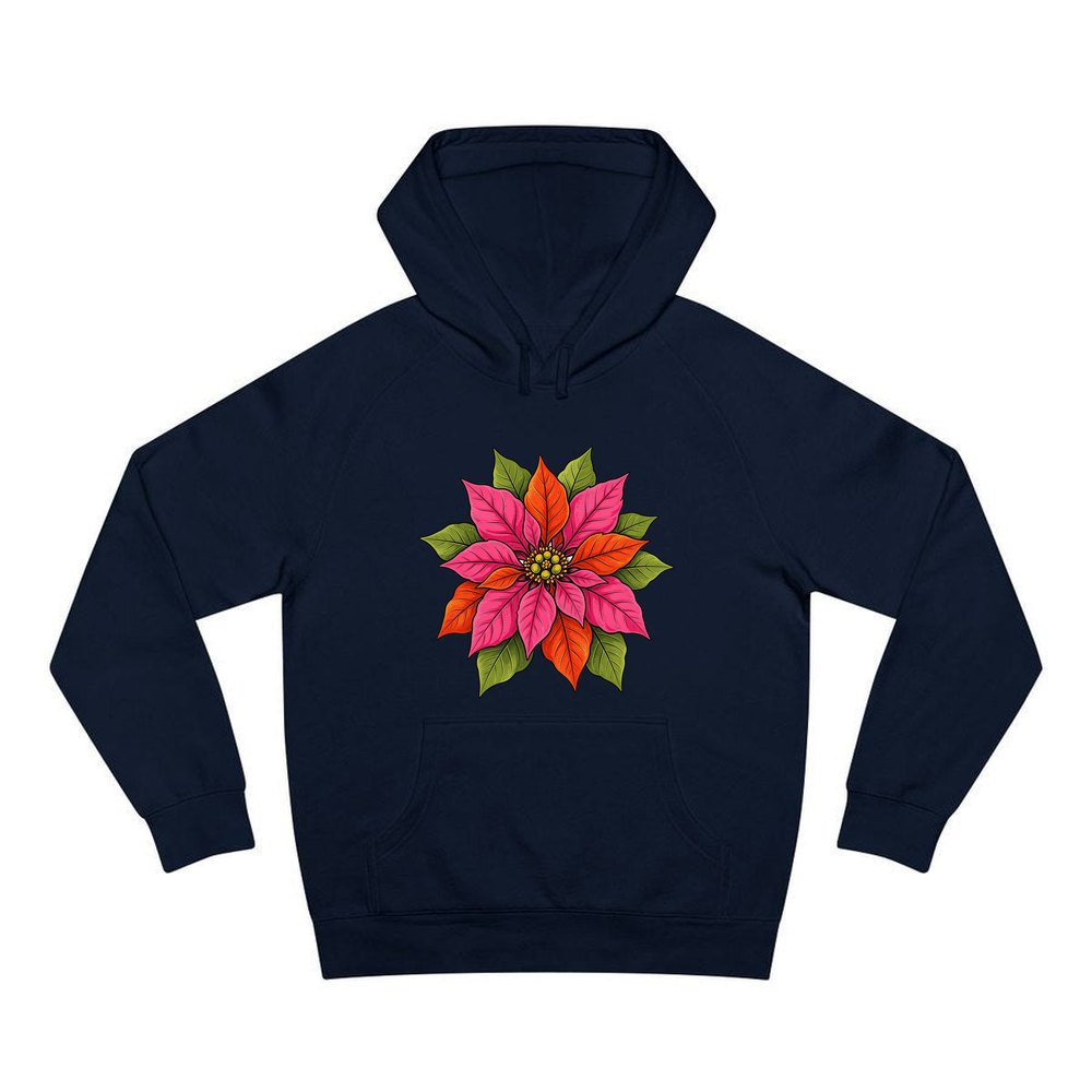 Retro Pink Poinsettia Bloom personalised Christmas hoodie in navy