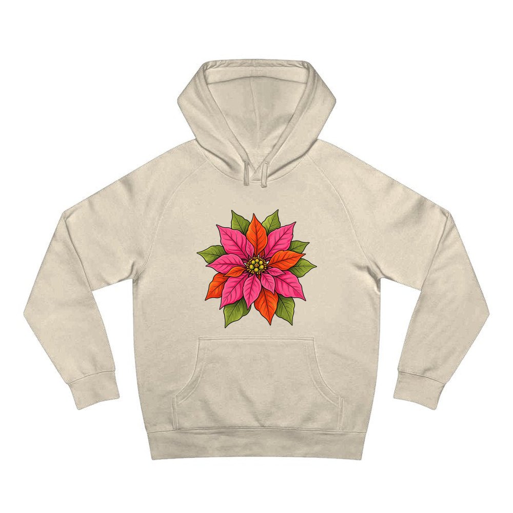 Retro Pink Poinsettia Bloom personalised Christmas hoodie in sand