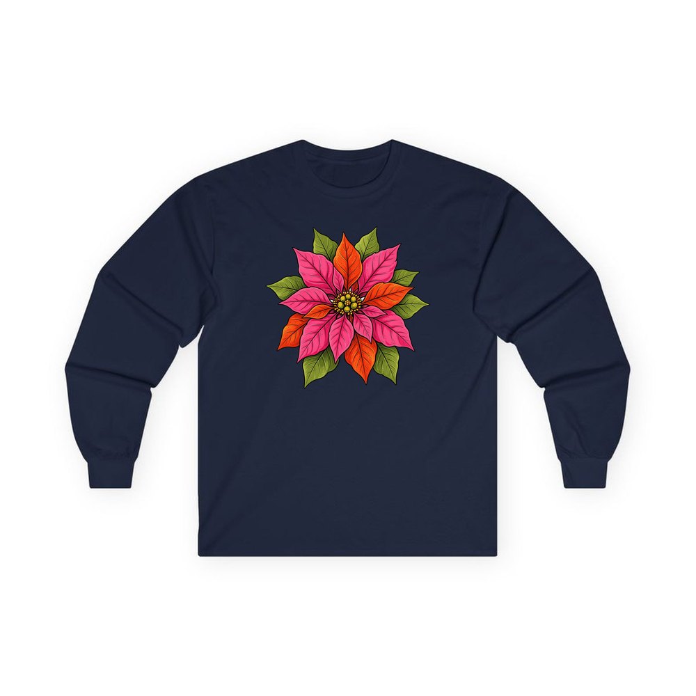 Retro Pink Poinsettia Bloom personalised long sleeve Christmas T-shirt in navy