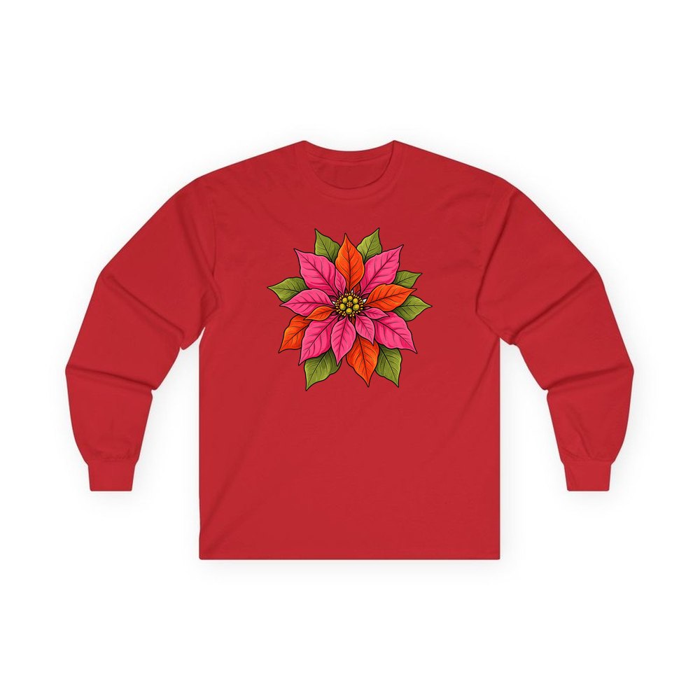Retro Pink Poinsettia Bloom personalised long sleeve Christmas T-shirt in red