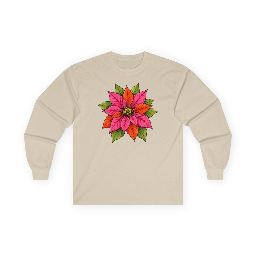 Retro Pink Poinsettia Bloom personalised long sleeve Christmas T-shirt in sand