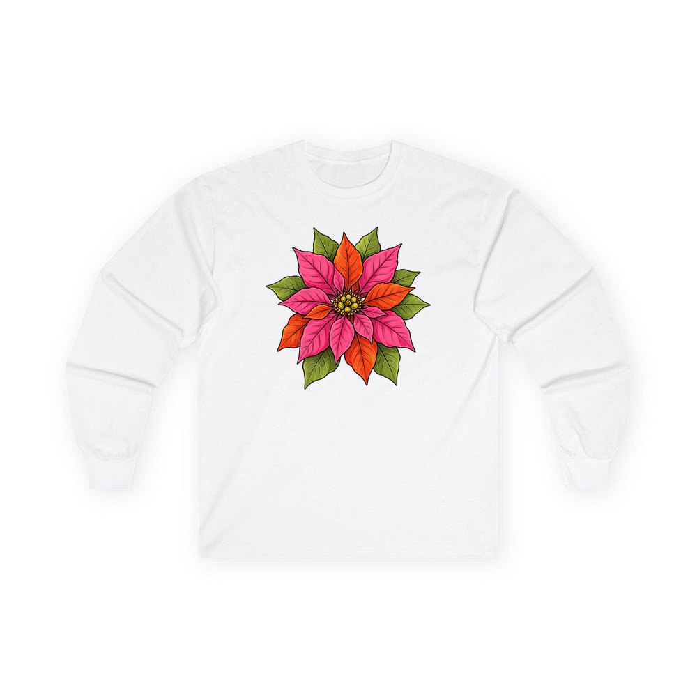 Retro Pink Poinsettia Bloom personalised long sleeve Christmas T-shirt in white