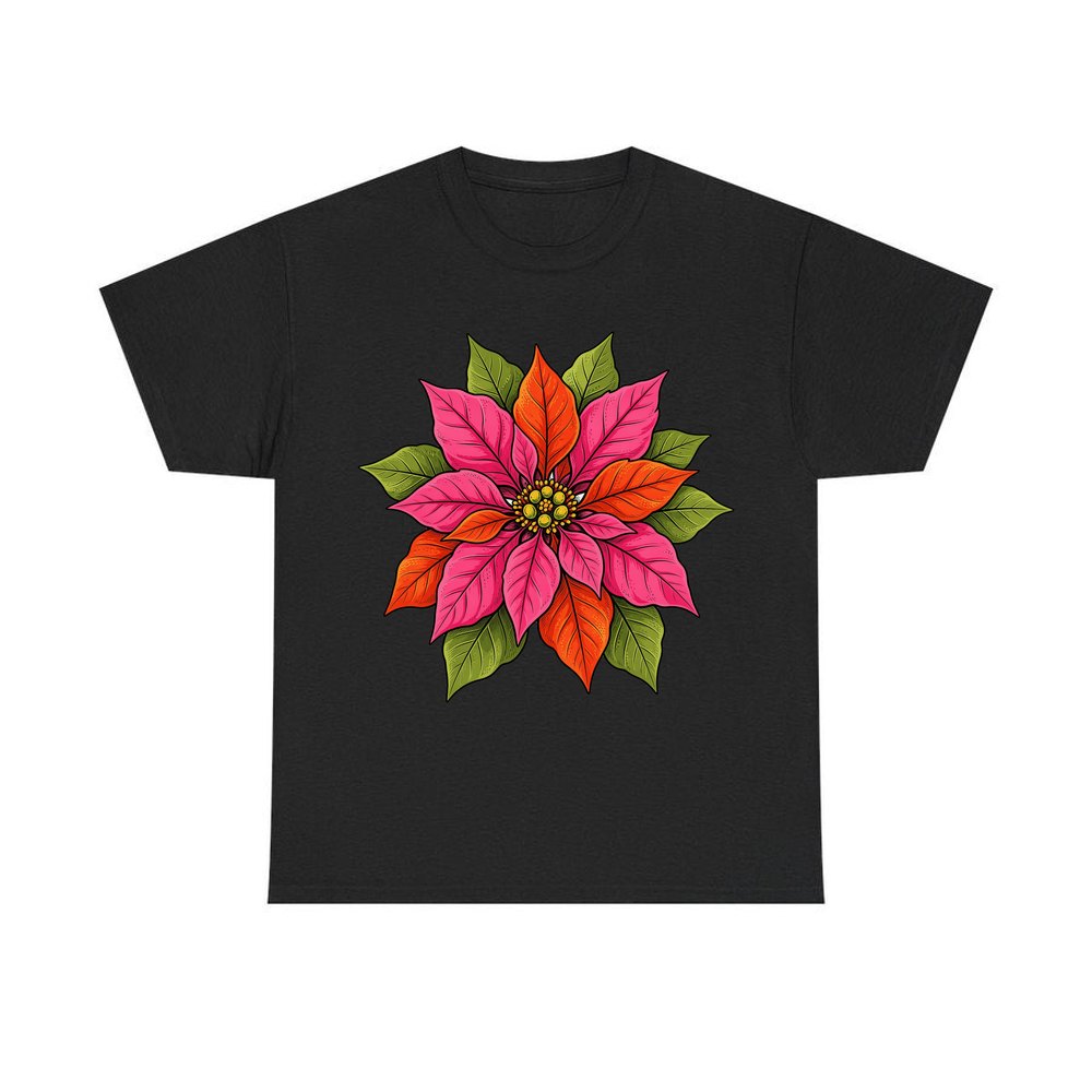 Retro Pink Poinsettia Bloom personalised Christmas T-shirt in black