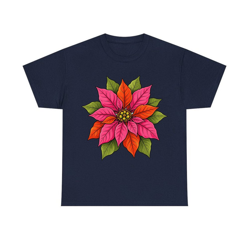 Retro Pink Poinsettia Bloom personalised Christmas T-shirt in navy