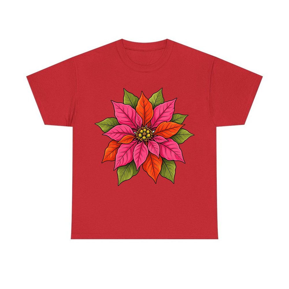 Retro Pink Poinsettia Bloom personalised Christmas T-shirt in red
