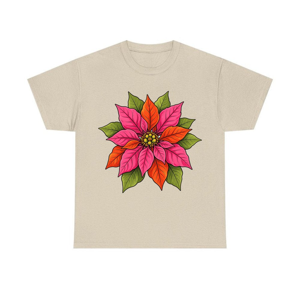 Retro Pink Poinsettia Bloom personalised Christmas T-shirt in sand
