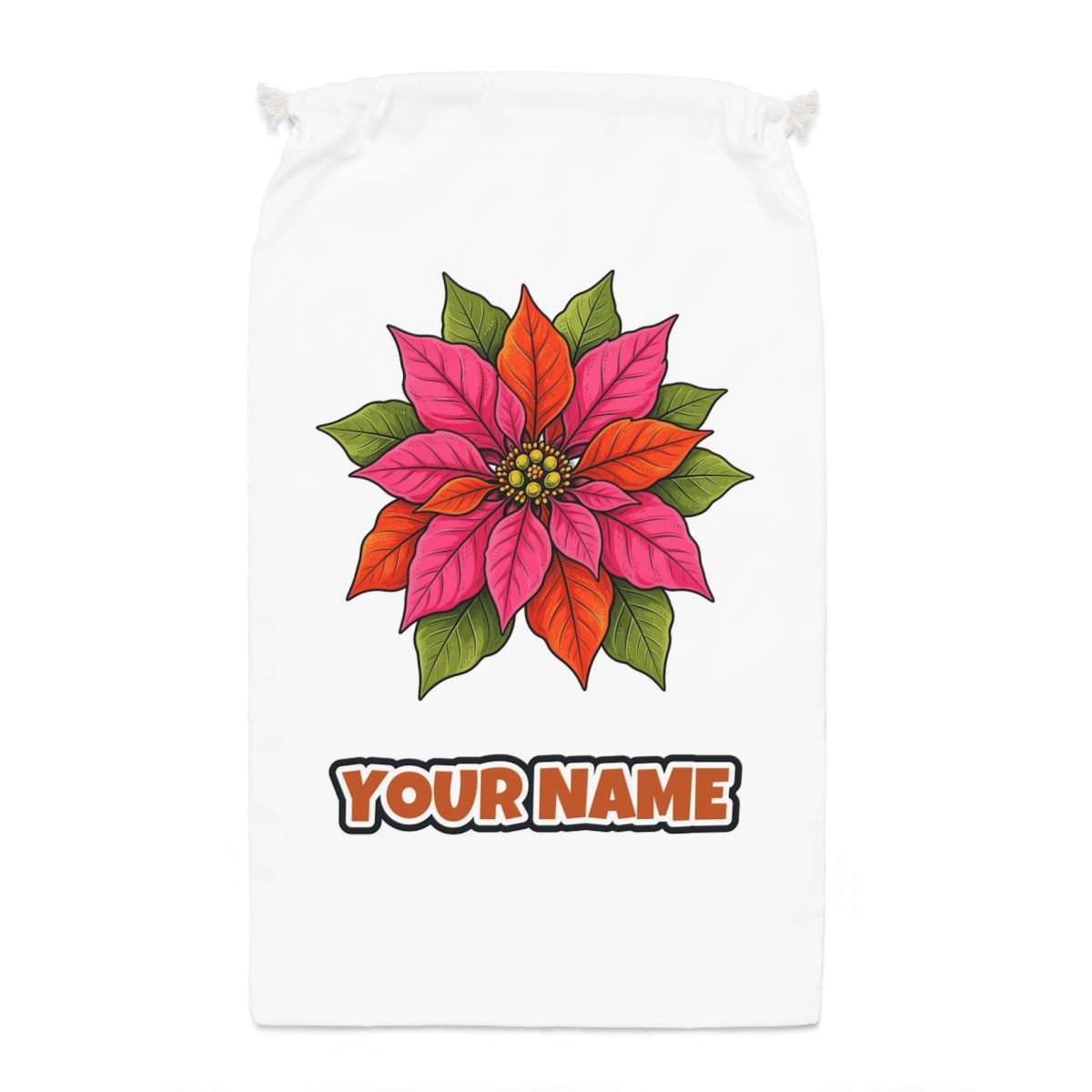 Retro Pink Poinsettia Bloom Santa sack laid flat, showing the full print