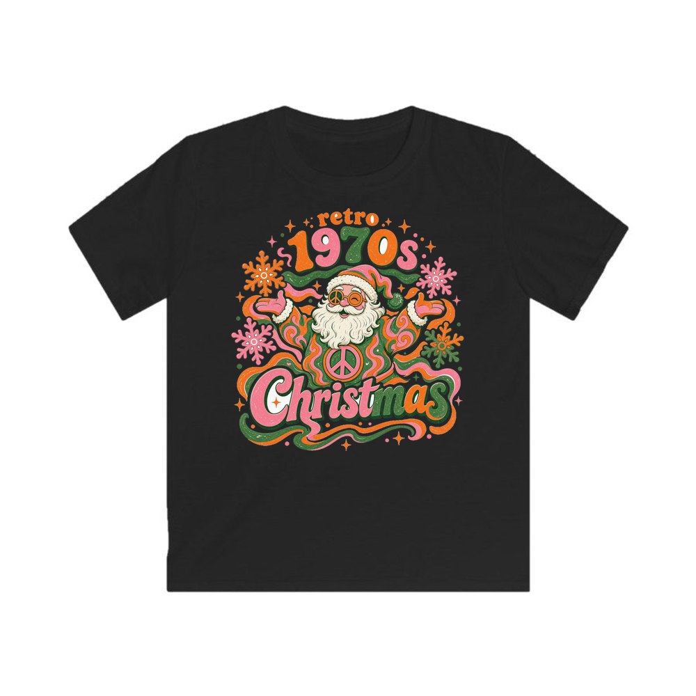 Retro Seventies Groovy Santa personalised kids Christmas tee in black