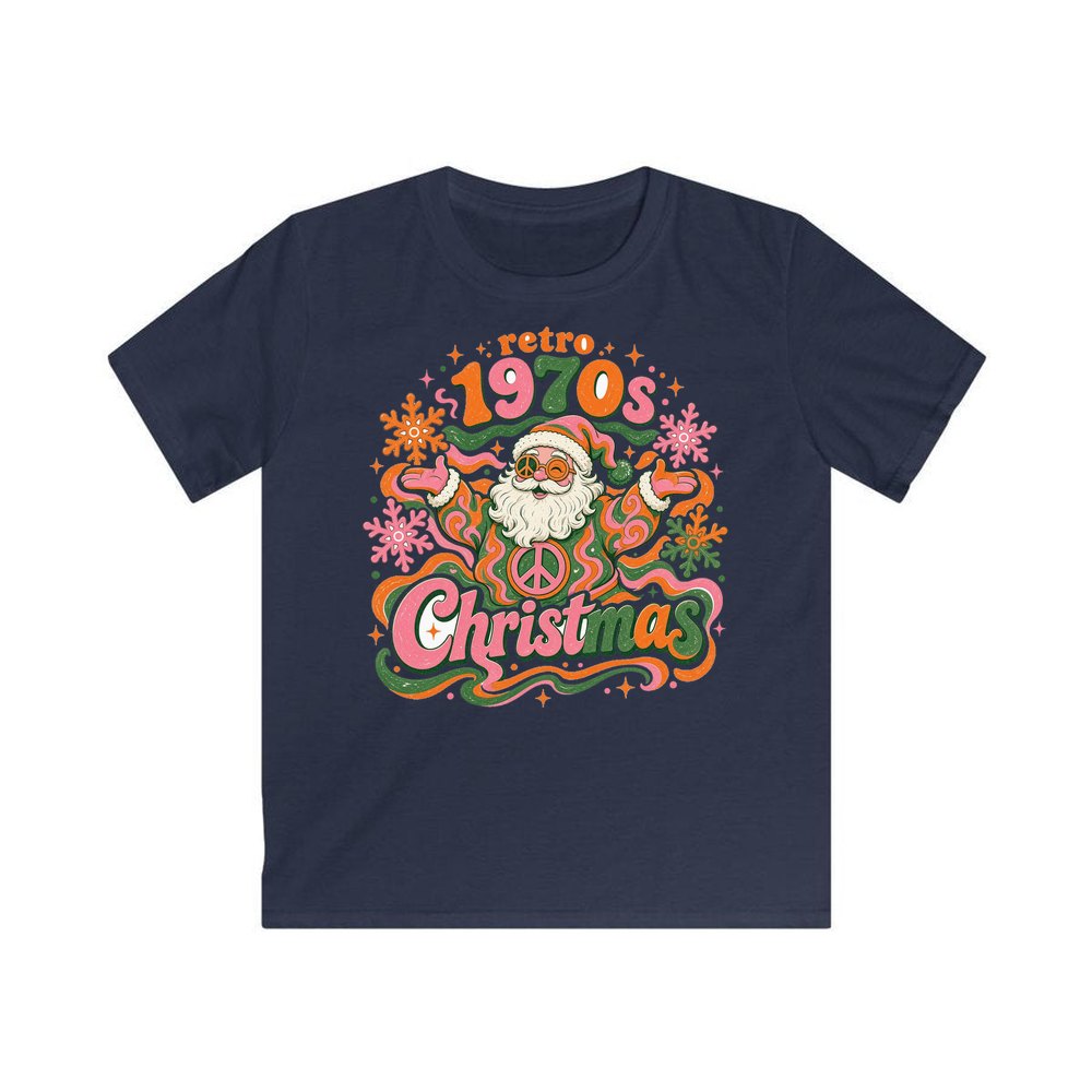 Retro Seventies Groovy Santa personalised kids Christmas tee in navy