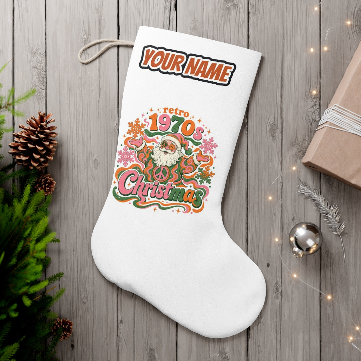 Retro Seventies Groovy Santa personalised Christmas stocking, white, with the name across the top