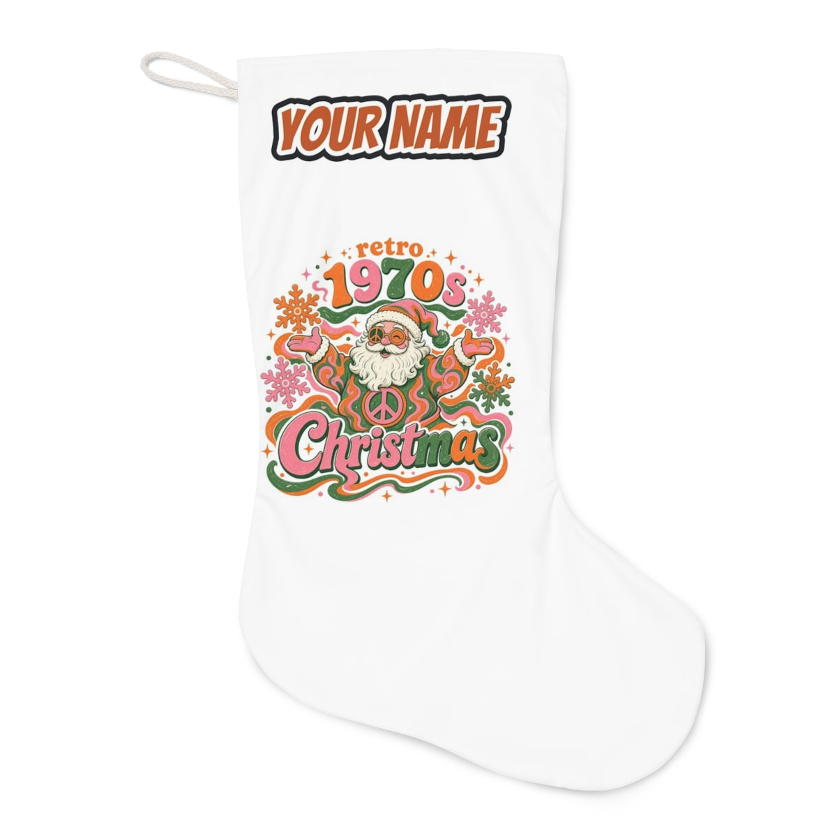 Retro Seventies Groovy Santa Christmas stocking laid flat, showing the full print