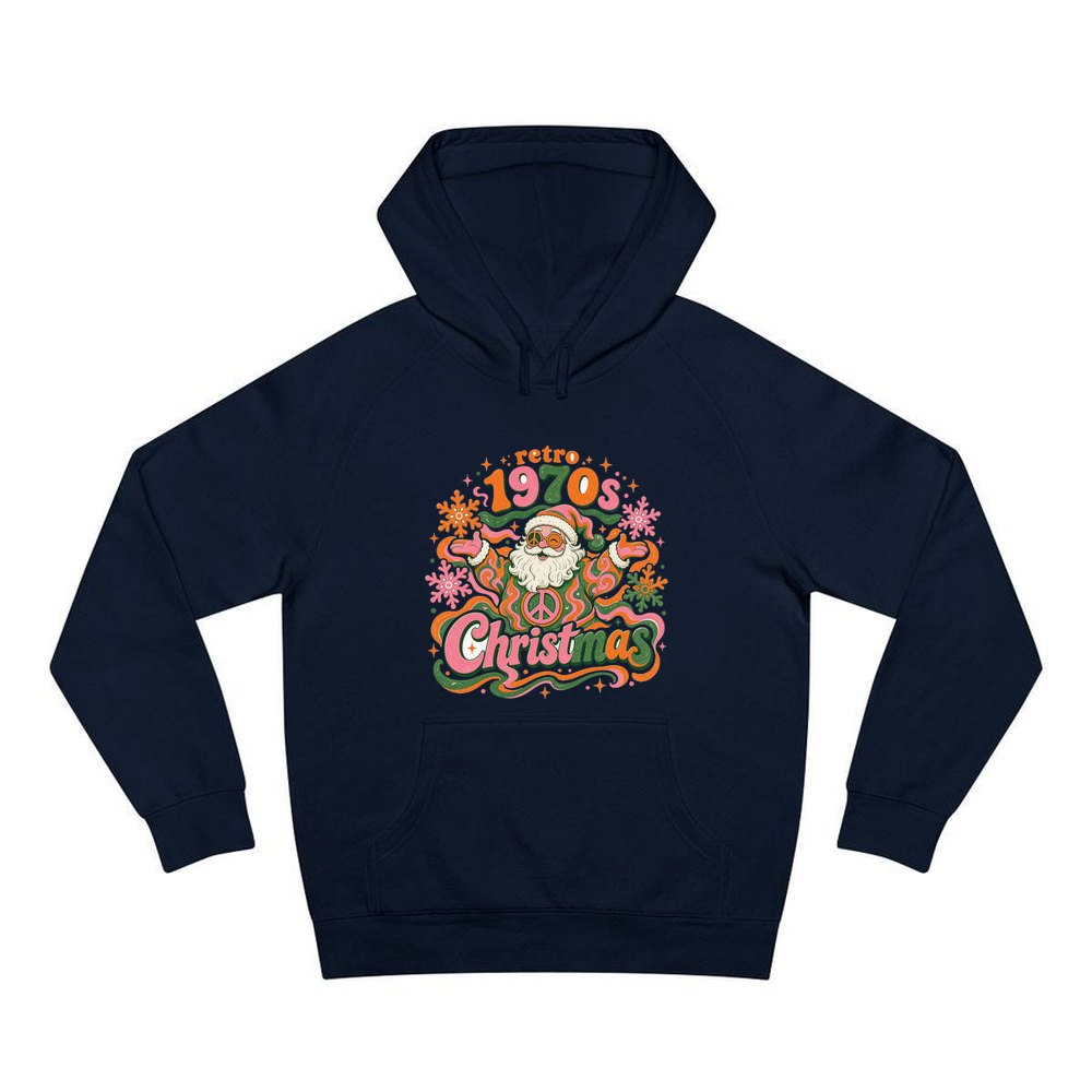 Retro Seventies Groovy Santa personalised Christmas hoodie in navy