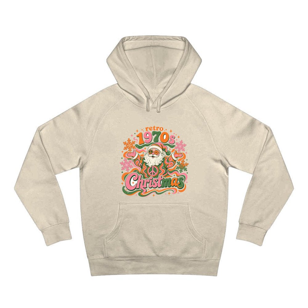 Retro Seventies Groovy Santa personalised Christmas hoodie in sand