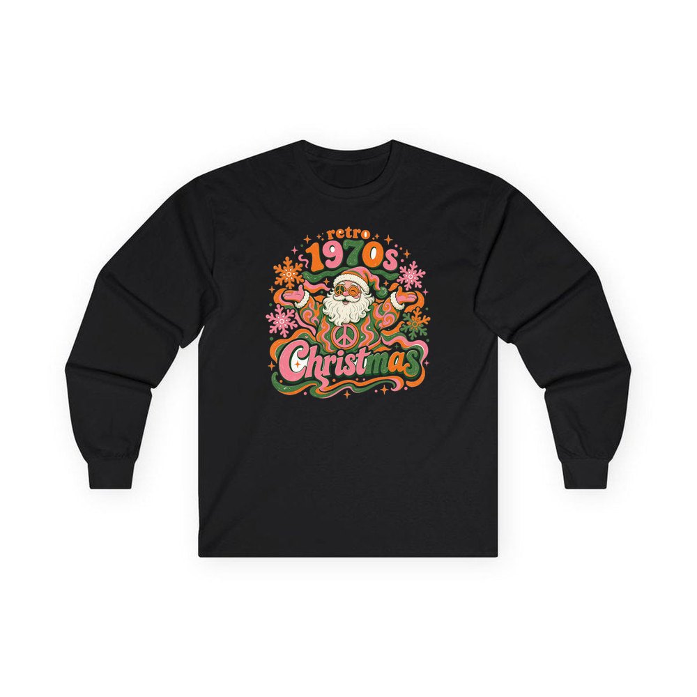 Retro Seventies Groovy Santa personalised long sleeve Christmas T-shirt in black