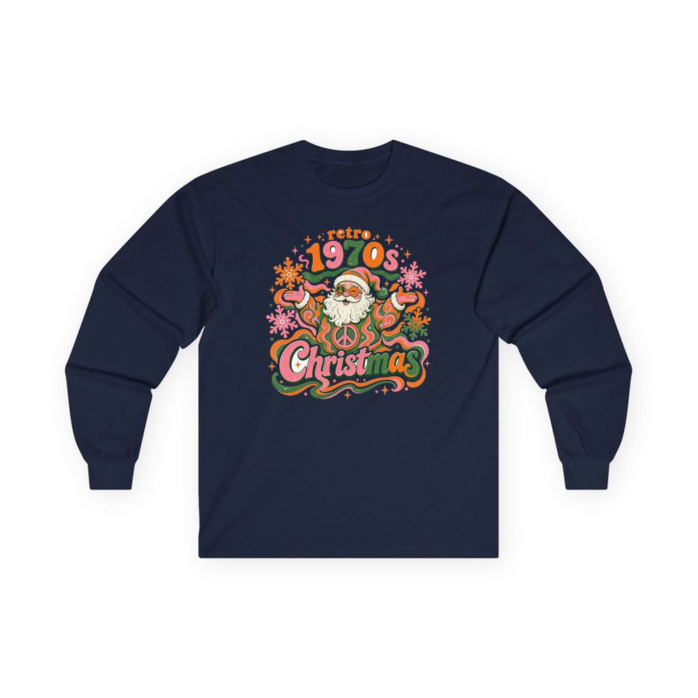 Retro Seventies Groovy Santa personalised long sleeve Christmas T-shirt in navy