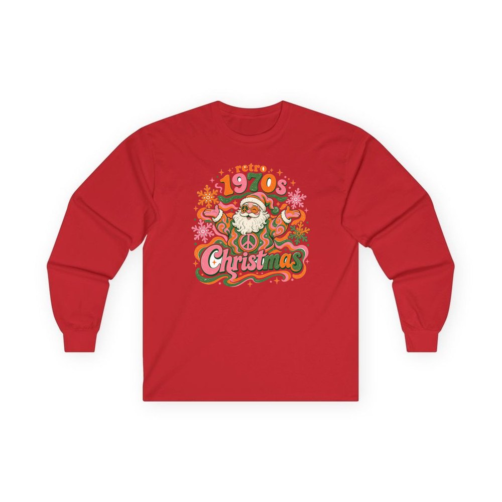 Retro Seventies Groovy Santa personalised long sleeve Christmas T-shirt in red
