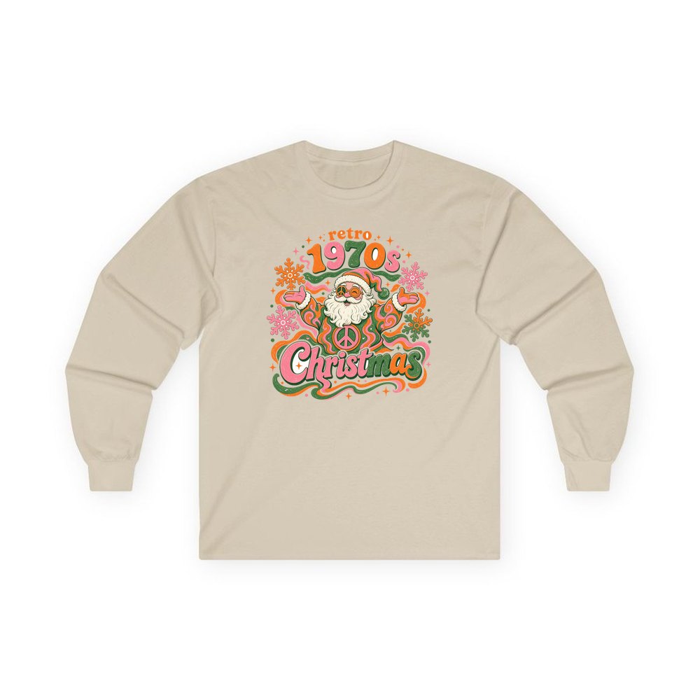 Retro Seventies Groovy Santa personalised long sleeve Christmas T-shirt in sand