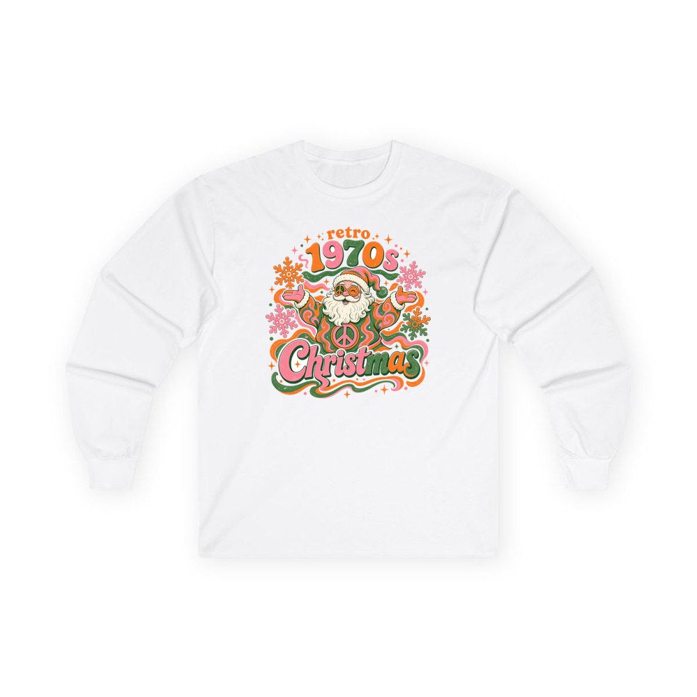 Retro Seventies Groovy Santa personalised long sleeve Christmas T-shirt in white