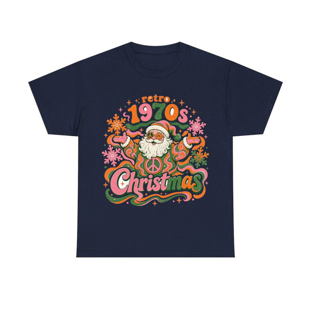 Retro Seventies Groovy Santa personalised Christmas T-shirt in navy