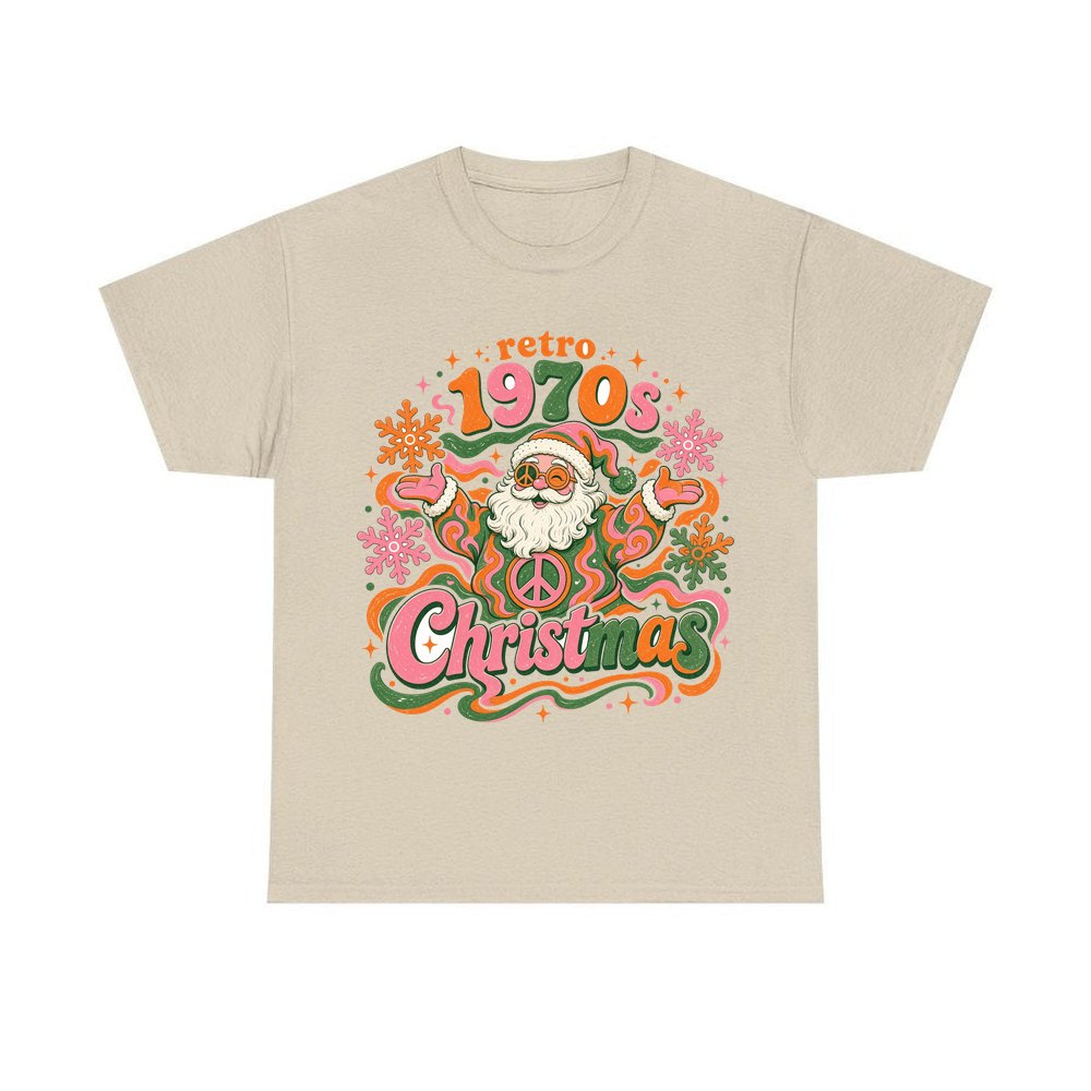 Retro Seventies Groovy Santa personalised Christmas T-shirt in sand