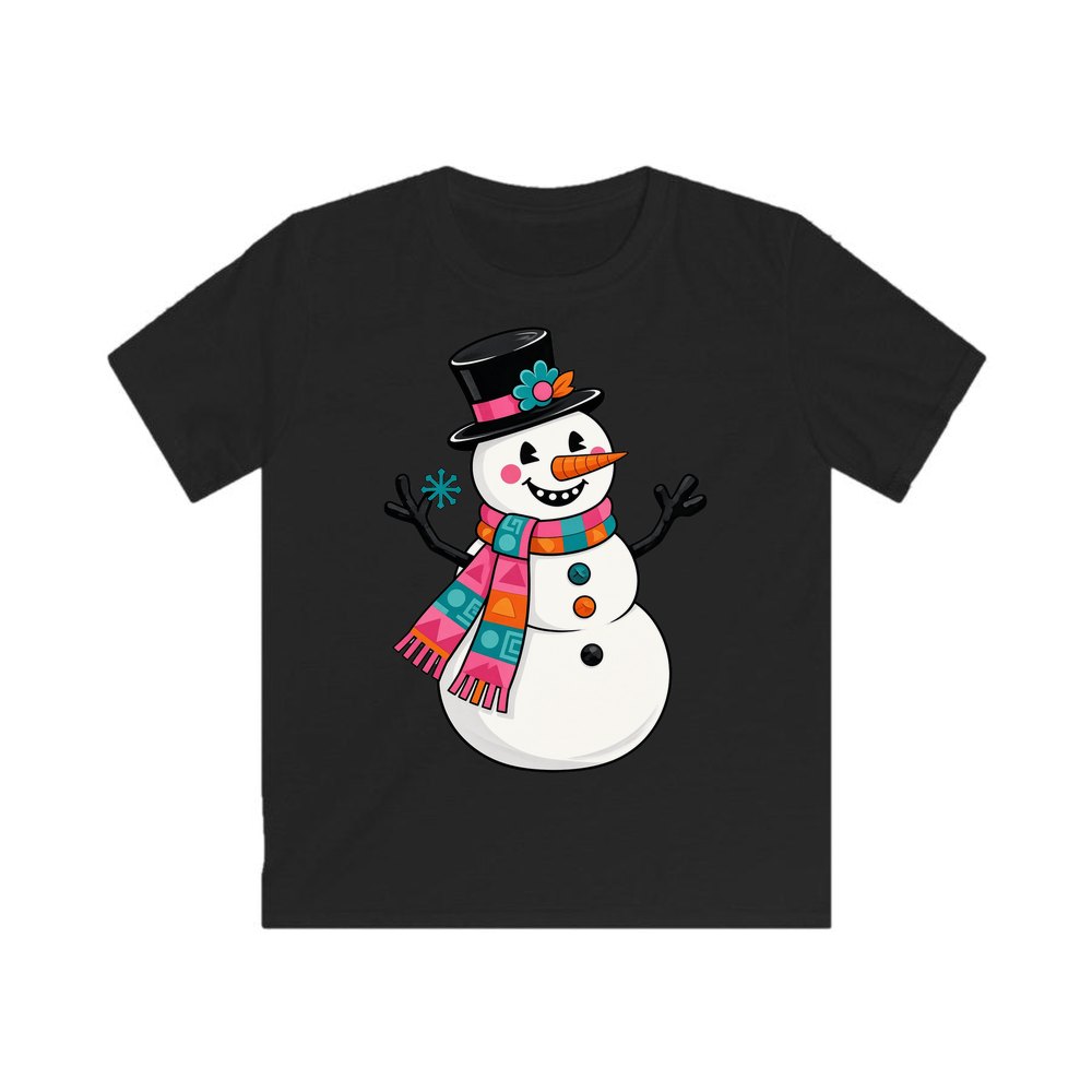 Retro Snowman in Top Hat personalised kids Christmas tee in black