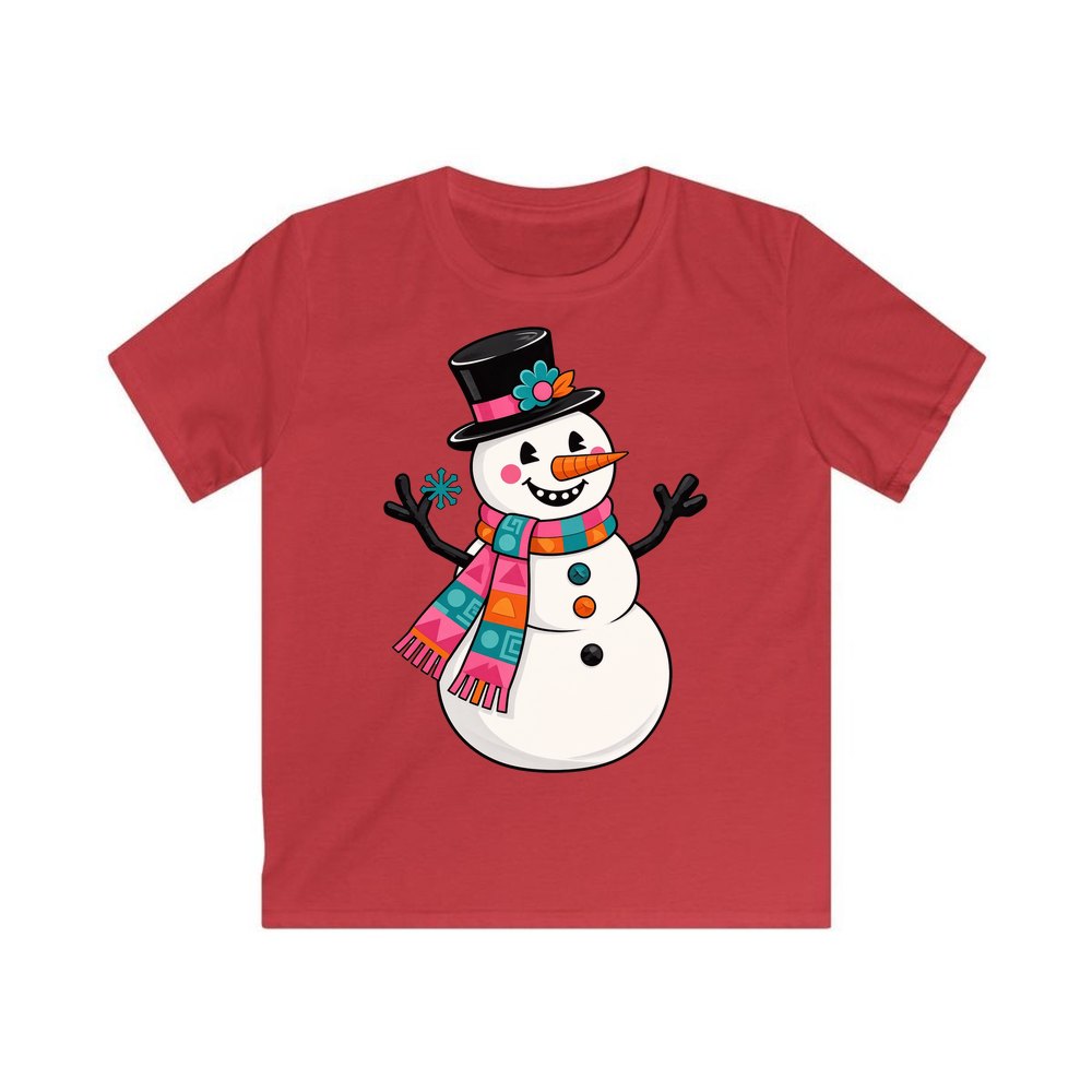 Retro Snowman in Top Hat personalised kids Christmas tee in red