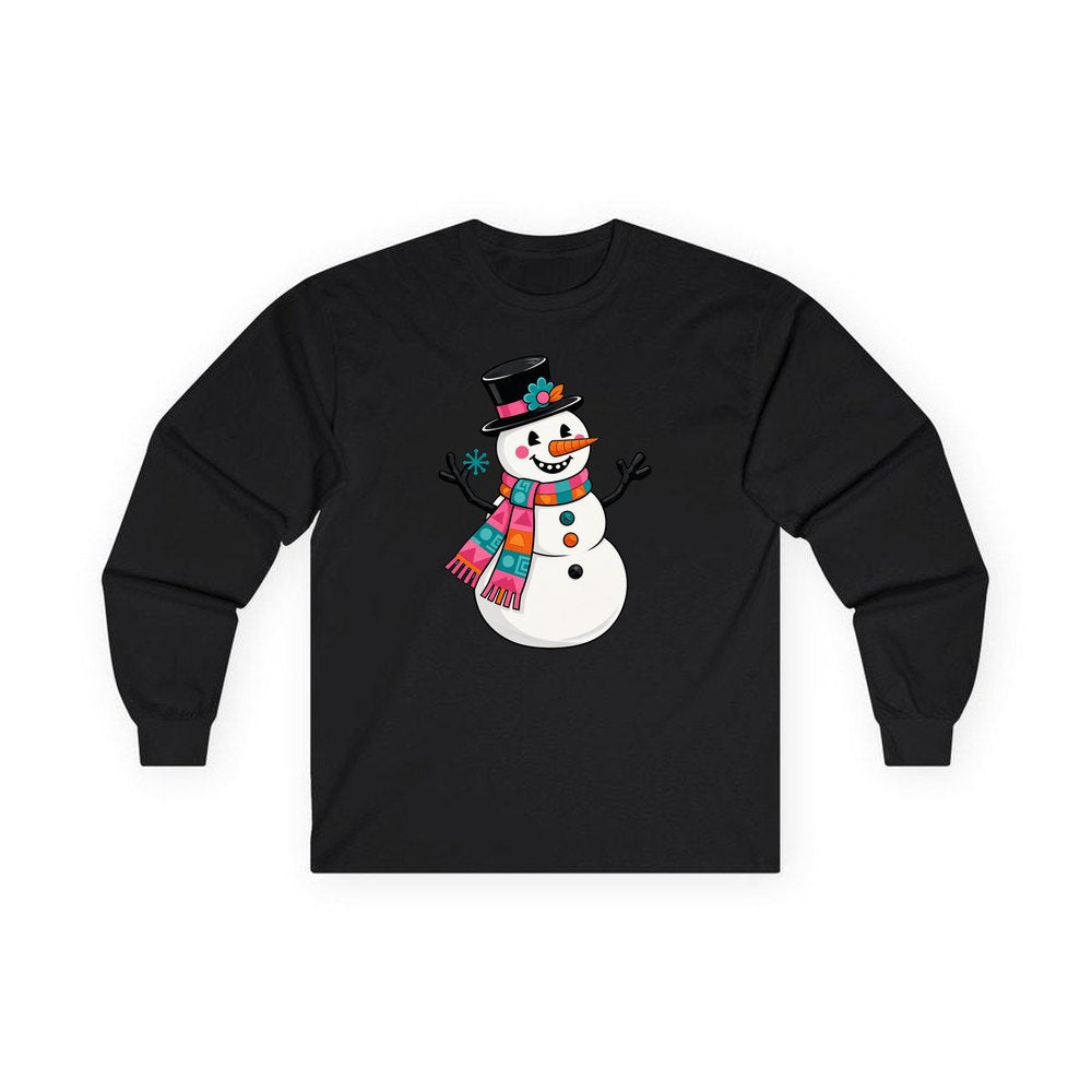Retro Snowman in Top Hat personalised long sleeve Christmas T-shirt in black