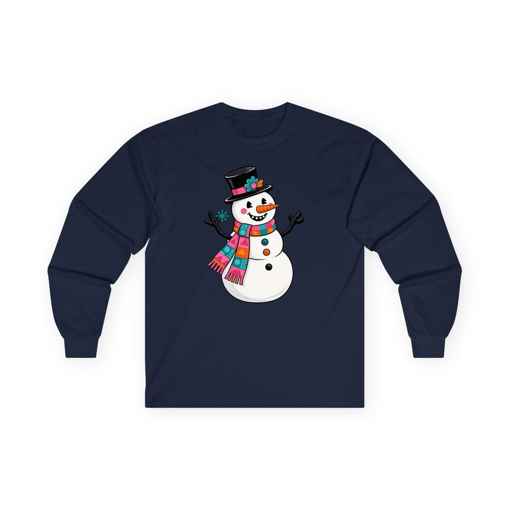 Retro Snowman in Top Hat personalised long sleeve Christmas T-shirt in navy