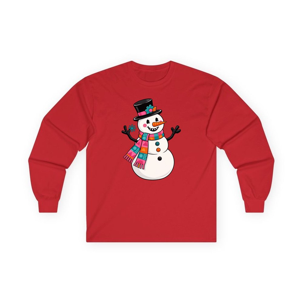 Retro Snowman in Top Hat personalised long sleeve Christmas T-shirt in red