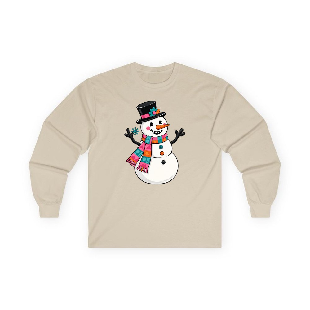 Retro Snowman in Top Hat personalised long sleeve Christmas T-shirt in sand