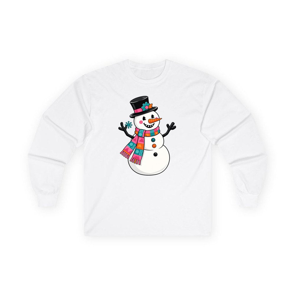 Retro Snowman in Top Hat personalised long sleeve Christmas T-shirt in white