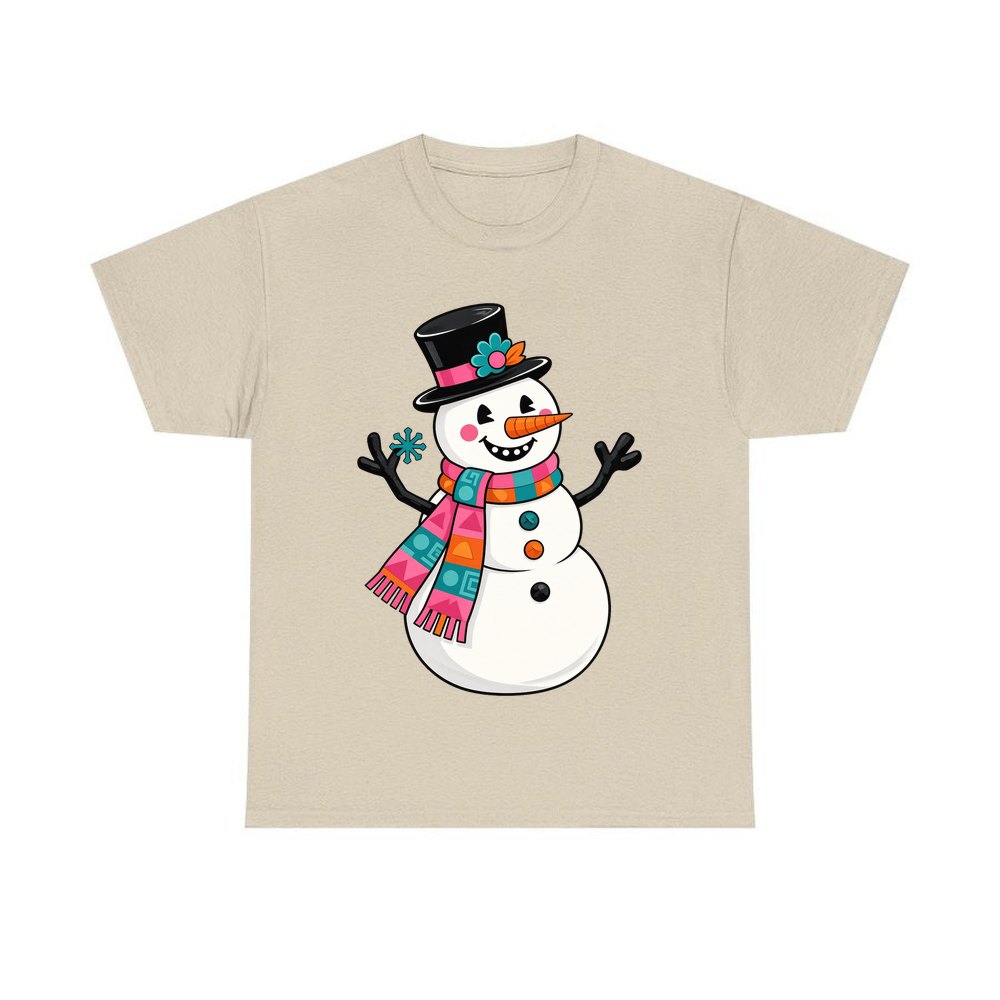 Retro Snowman in Top Hat personalised Christmas T-shirt in sand